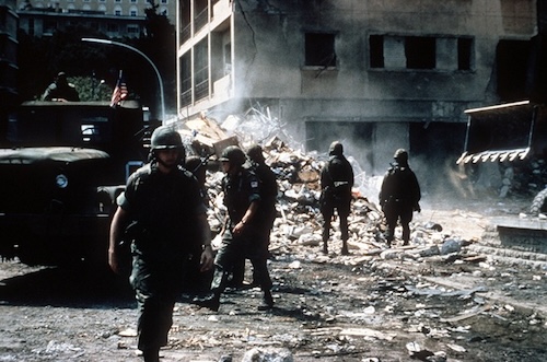 beirut marines outside the u.s. embassy assess the damages caused by a terrorist bomb attack. marines are participating as members of a multinational peacekeeping force april 29 1983